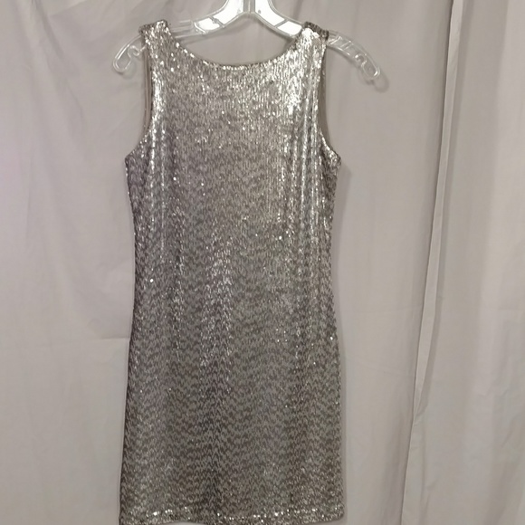 Metallic Mini Dress Silver Pewter Sexy Chainmail r Sequin like Shimmer w Stretch - Picture 7 of 8
